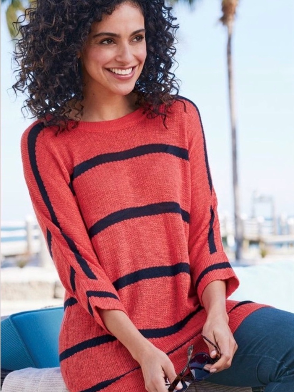 Soft Surroundings Venice Coral and Navy Striped Scoopneck Sweater